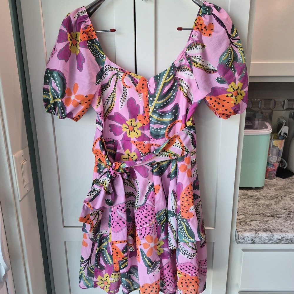 Crystal Sky Macy's Pink Tropical Mini Dress Womens Size XS Tie Back Puff Sleeves - Picture 4 of 5